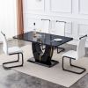 Table and chair set.Black Marble Pattern MDF Dining Table Set - 63"x37" with 4 chairs with white PU cushions and C-tube black metal legs.Bring a comfo