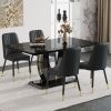 Table and chair set.63"W x 37"D x 30"H Black Marble MDF DiningTable Set with 4 Black PU Chairs with black metal legs.Bring a comfortable home experien