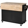 Kitchen Cart with Rubber wood Drop-Leaf Countertop, Concealed sliding barn door adjustable height