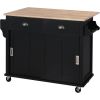Kitchen Cart with Rubber wood Drop-Leaf Countertop, Concealed sliding barn door adjustable height
