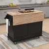 Kitchen Cart with Rubber wood Drop-Leaf Countertop, Concealed sliding barn door adjustable height