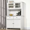 HOMCOM 63.5" Kitchen Buffet with Hutch, Pantry Storage Cabinet with 4 Shelves, Drawers, Framed Glass Doors, Open Microwave Countertop, Antique White